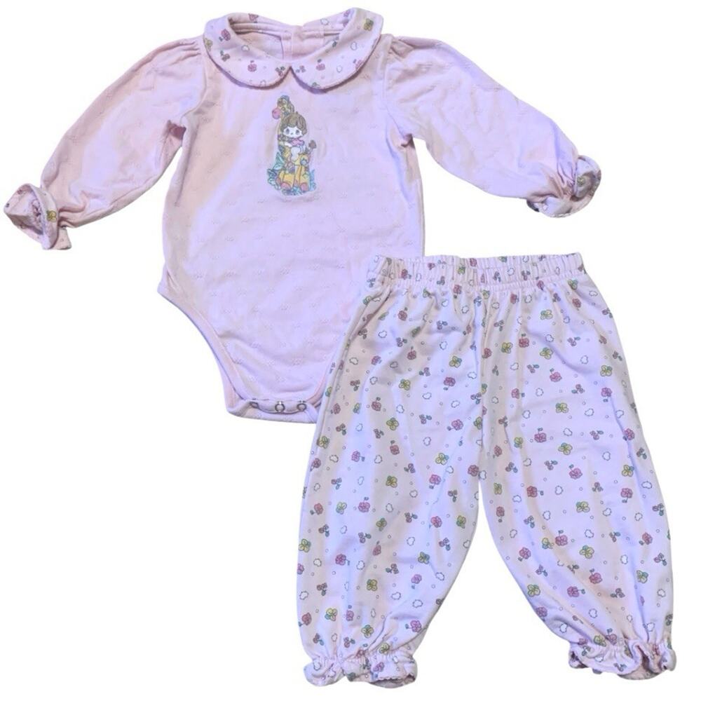 Vintage Precious Moments Baby Girl Outfit 18M Pink Giraffe Embroidered Set